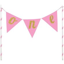 Picture of ONE 1ST BIRTHDAY CAKE BANNER TOPPER PINK 23 X 23CM